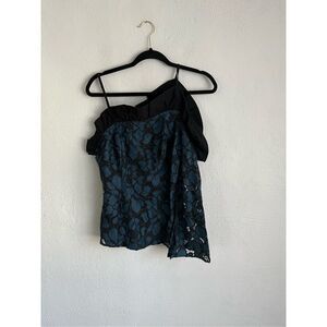 Venus 
Blue & Black Lace One Sleeve Dressy Ruffled Blouse, Size 6
